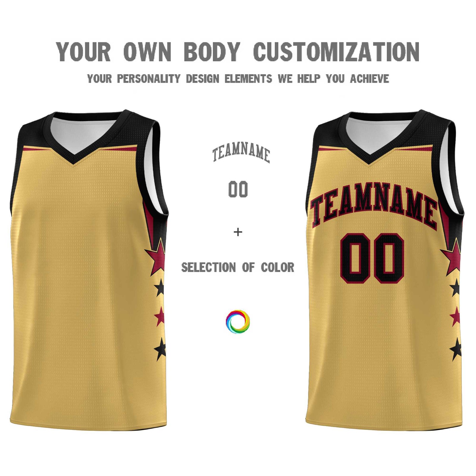 Custom Youth Basketball Uniform Old Gold Black Two Tone Side Star Personalized Team Jersey