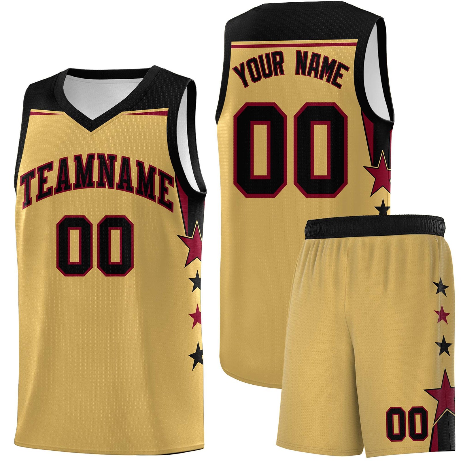 Custom Youth Basketball Uniform Old Gold Black Two Tone Side Star Personalized Team Jersey