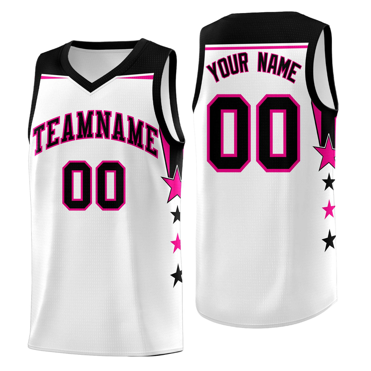 Custom Youth Basketball Uniform White Black Two Tone Side Star Add Name Number &amp; Logo