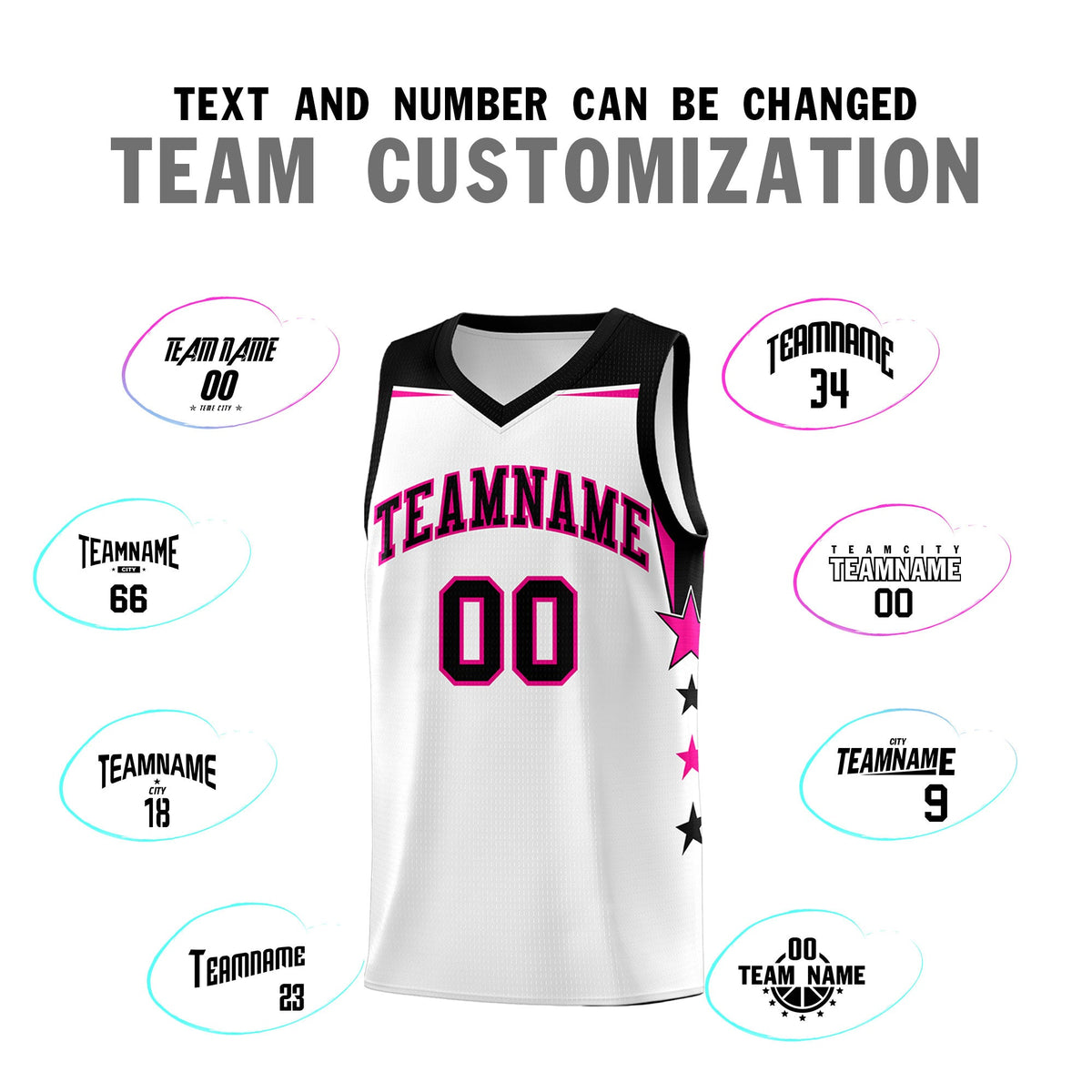 Custom Youth Basketball Uniform White Black Two Tone Side Star Add Name Number &amp; Logo