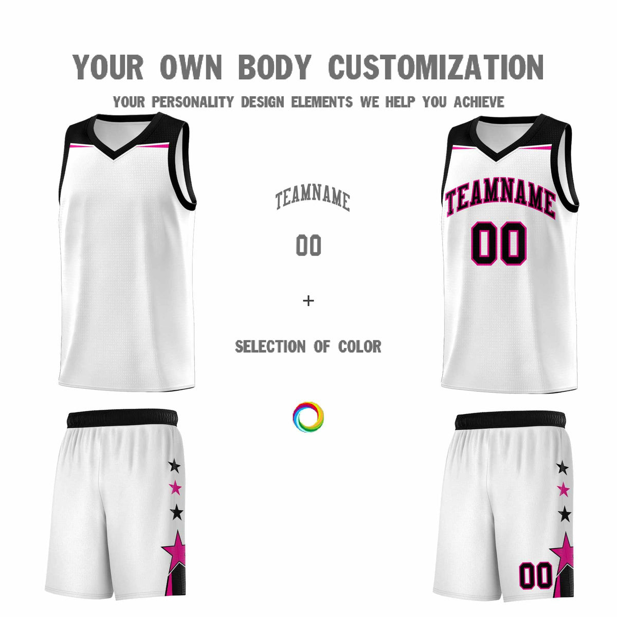 Custom Youth Basketball Uniform White Black Two Tone Side Star Add Name Number &amp; Logo