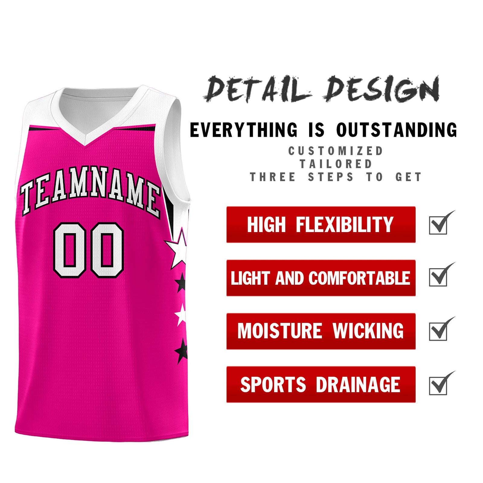 Custom Youth Basketball Uniform Pink White Two Tone Side Star Color Block Team Jersey