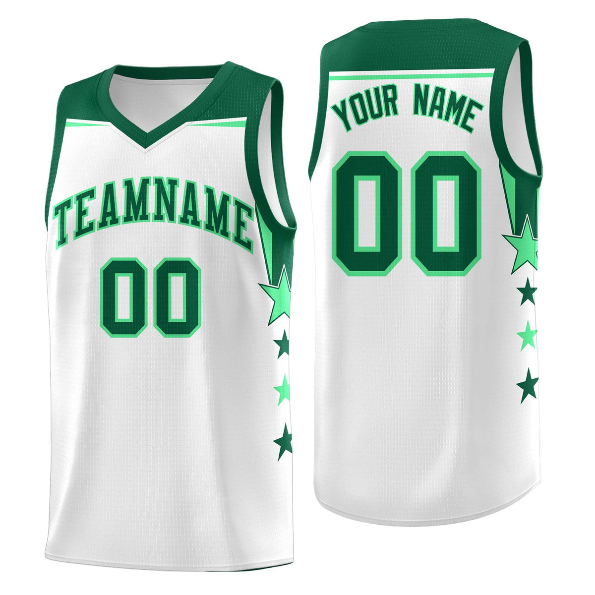 Custom Youth Basketball Uniform White Kelly Green Two Tone Side Star Add Name Number &amp; Logo