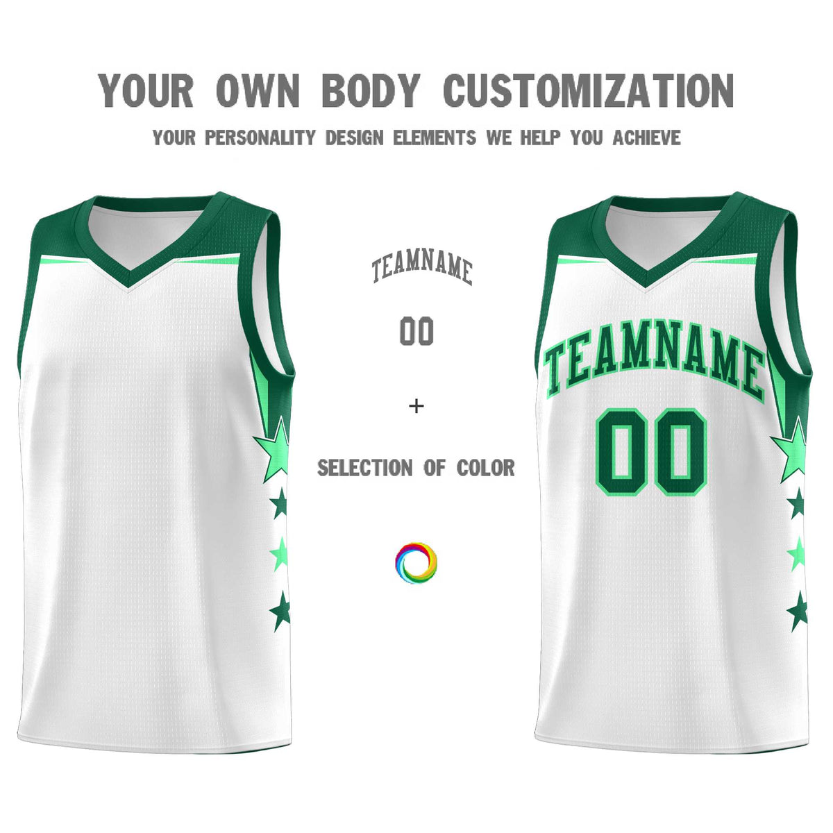 Custom Youth Basketball Uniform White Kelly Green Two Tone Side Star Add Name Number &amp; Logo