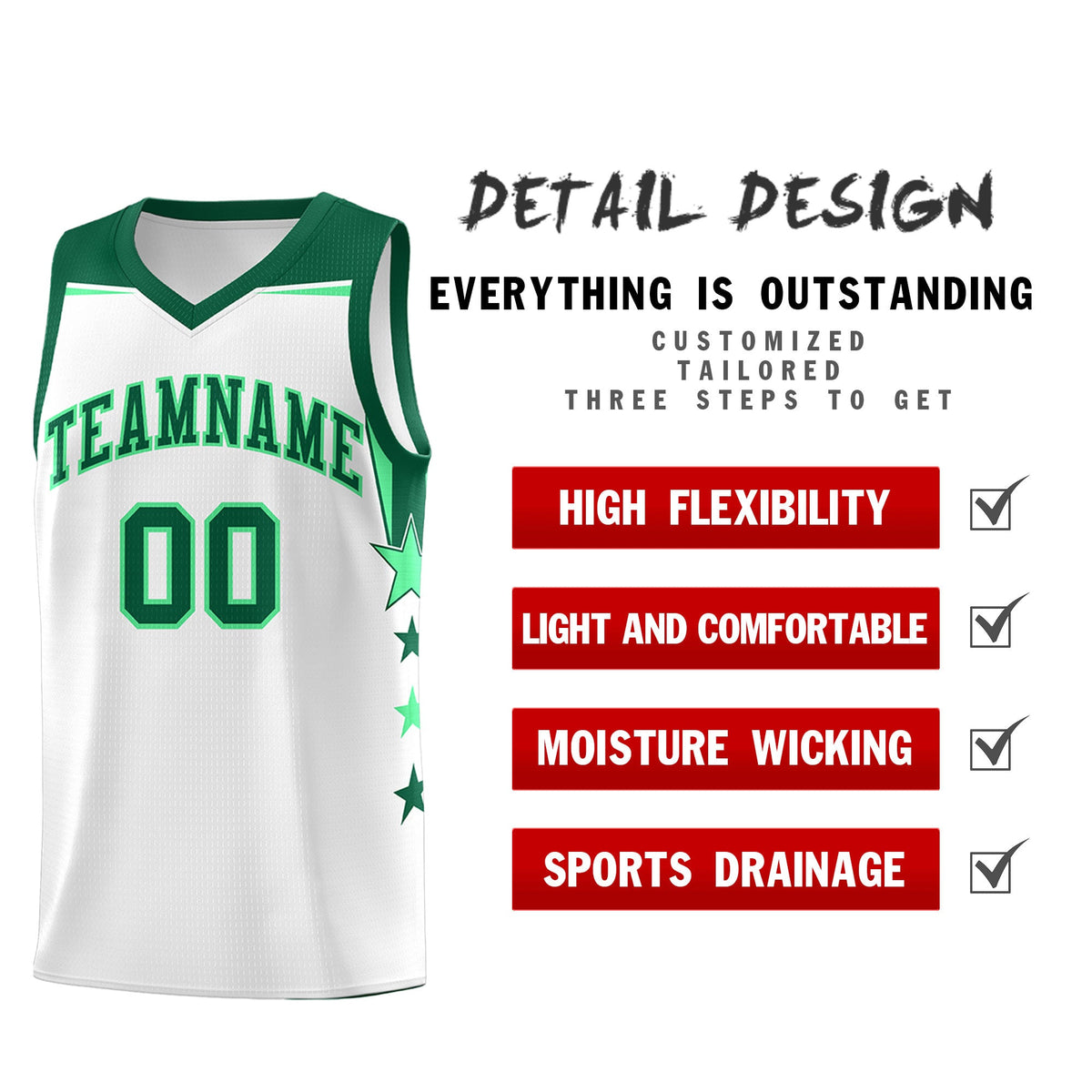 Custom Youth Basketball Uniform White Kelly Green Two Tone Side Star Add Name Number &amp; Logo