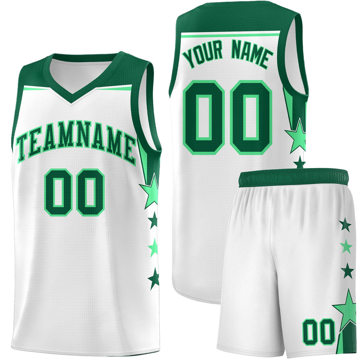 Custom Youth Basketball Uniform White Kelly Green Two Tone Side Star Add Name Number &amp; Logo