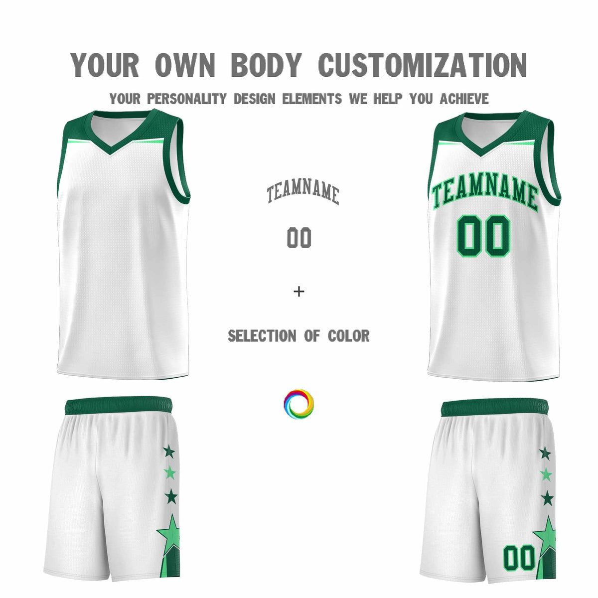 Custom Youth Basketball Uniform White Kelly Green Two Tone Side Star Add Name Number &amp; Logo
