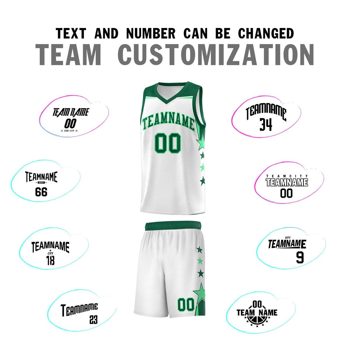 Custom Youth Basketball Uniform White Kelly Green Two Tone Side Star Add Name Number &amp; Logo