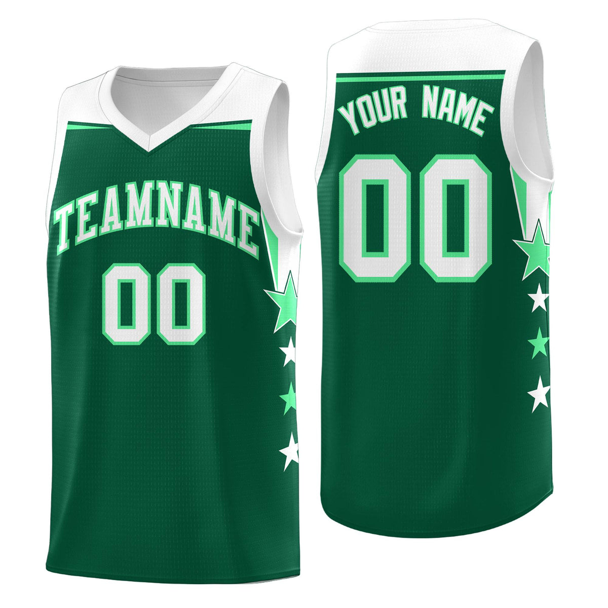 Custom Youth Basketball Uniform Kelly Green White Two Tone Side Star Personalized Team Jersey