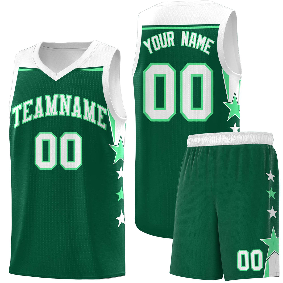 Custom Youth Basketball Uniform Kelly Green White Two Tone Side Star Personalized Team Jersey