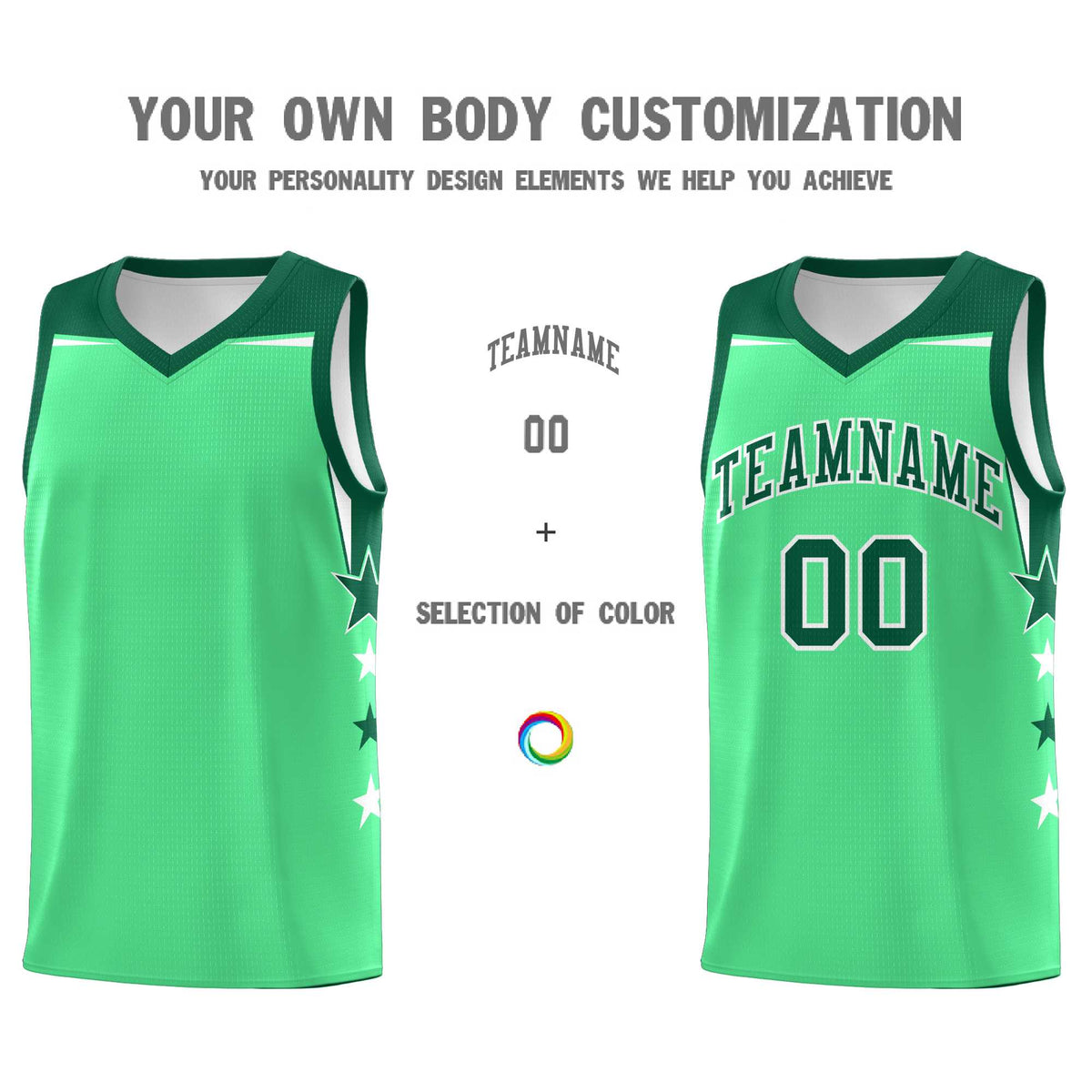 Custom Youth Basketball Uniform Green Kelly Green Two Tone Side Star Color Block Team Jersey