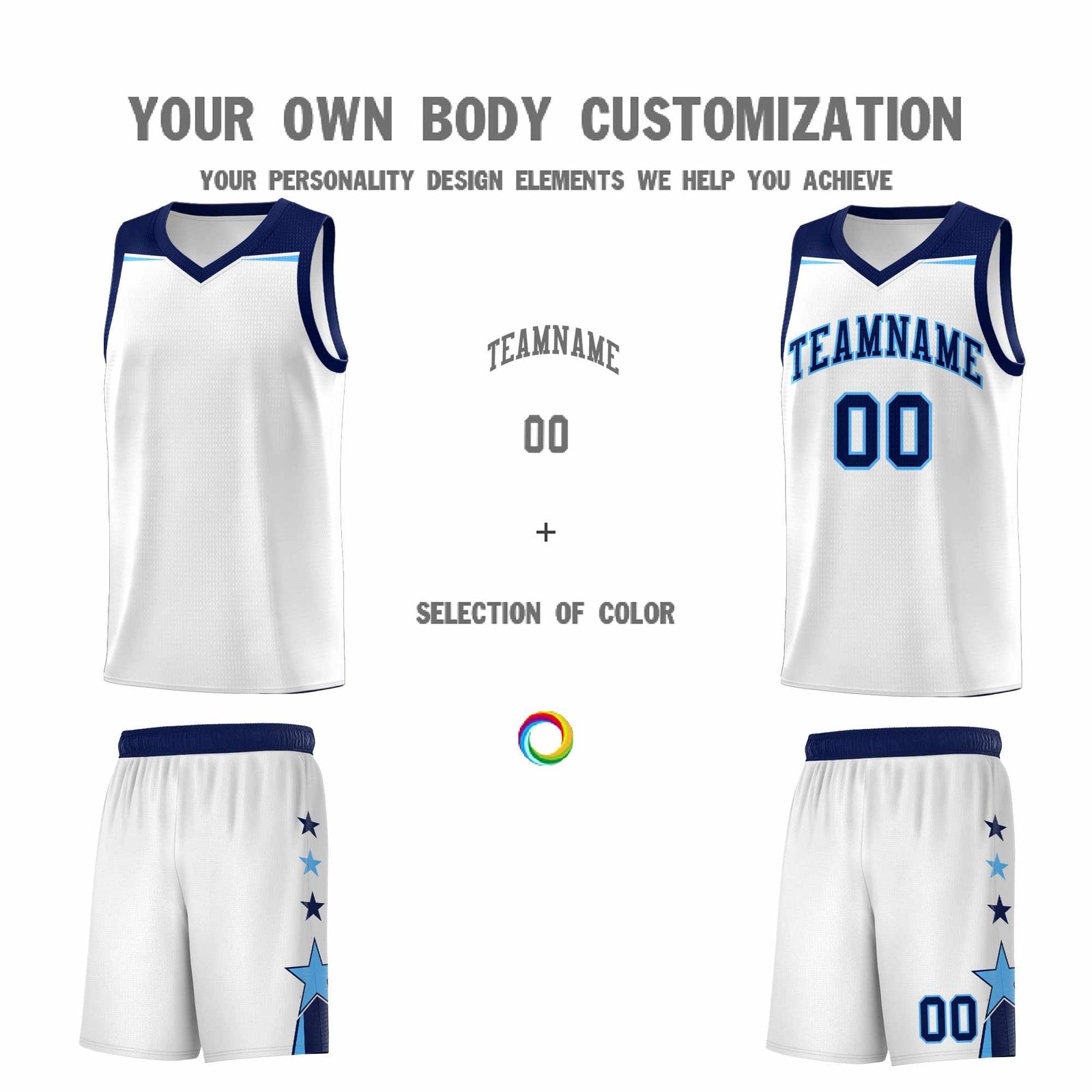 Custom Youth Basketball Uniform White Navy Two Tone Side Star Add Name Number & Logo