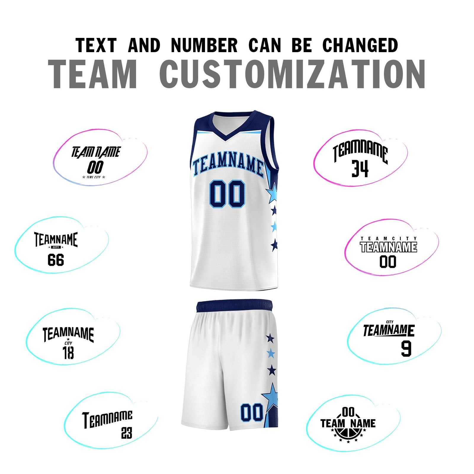 Custom Youth Basketball Uniform White Navy Two Tone Side Star Add Name Number & Logo