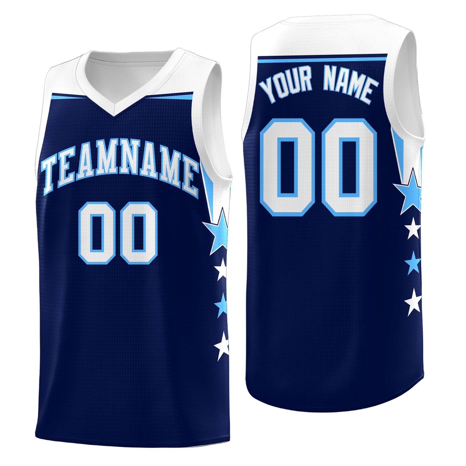Custom Youth Basketball Uniform Navy White Two Tone Side Star Personalized Team Jersey