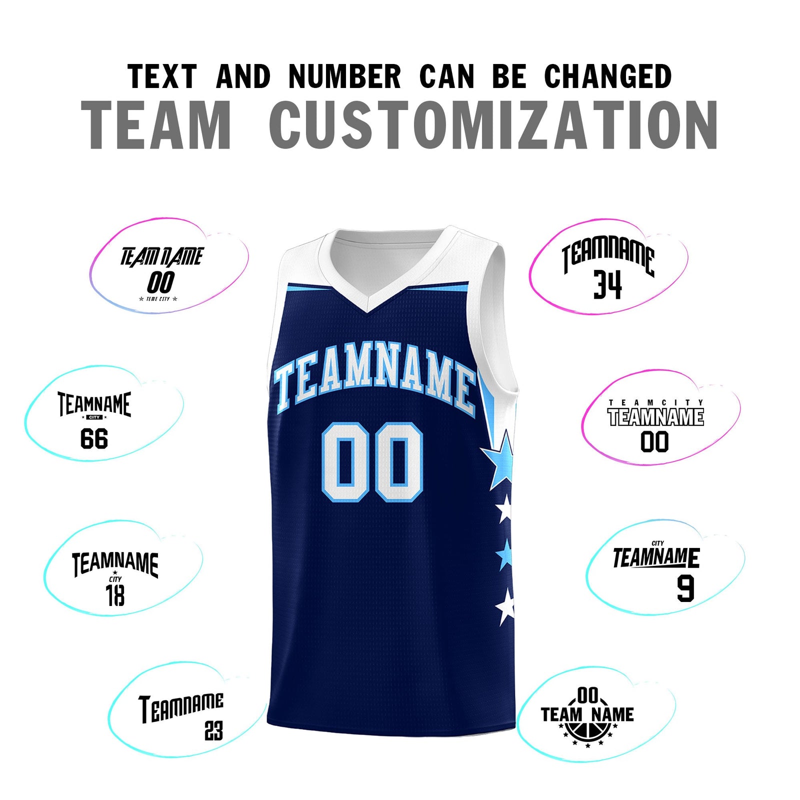 Custom Youth Basketball Uniform Navy White Two Tone Side Star Personalized Team Jersey