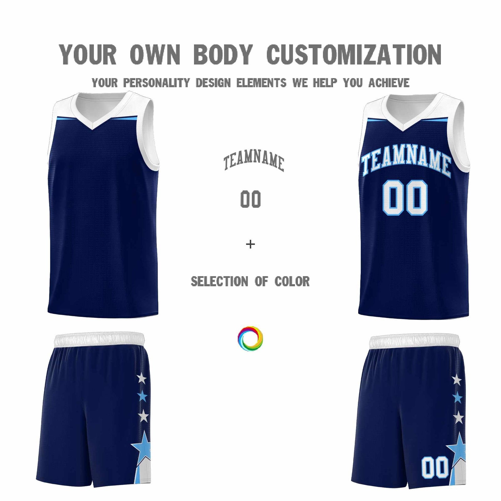 Custom Youth Basketball Uniform Navy White Two Tone Side Star Personalized Team Jersey