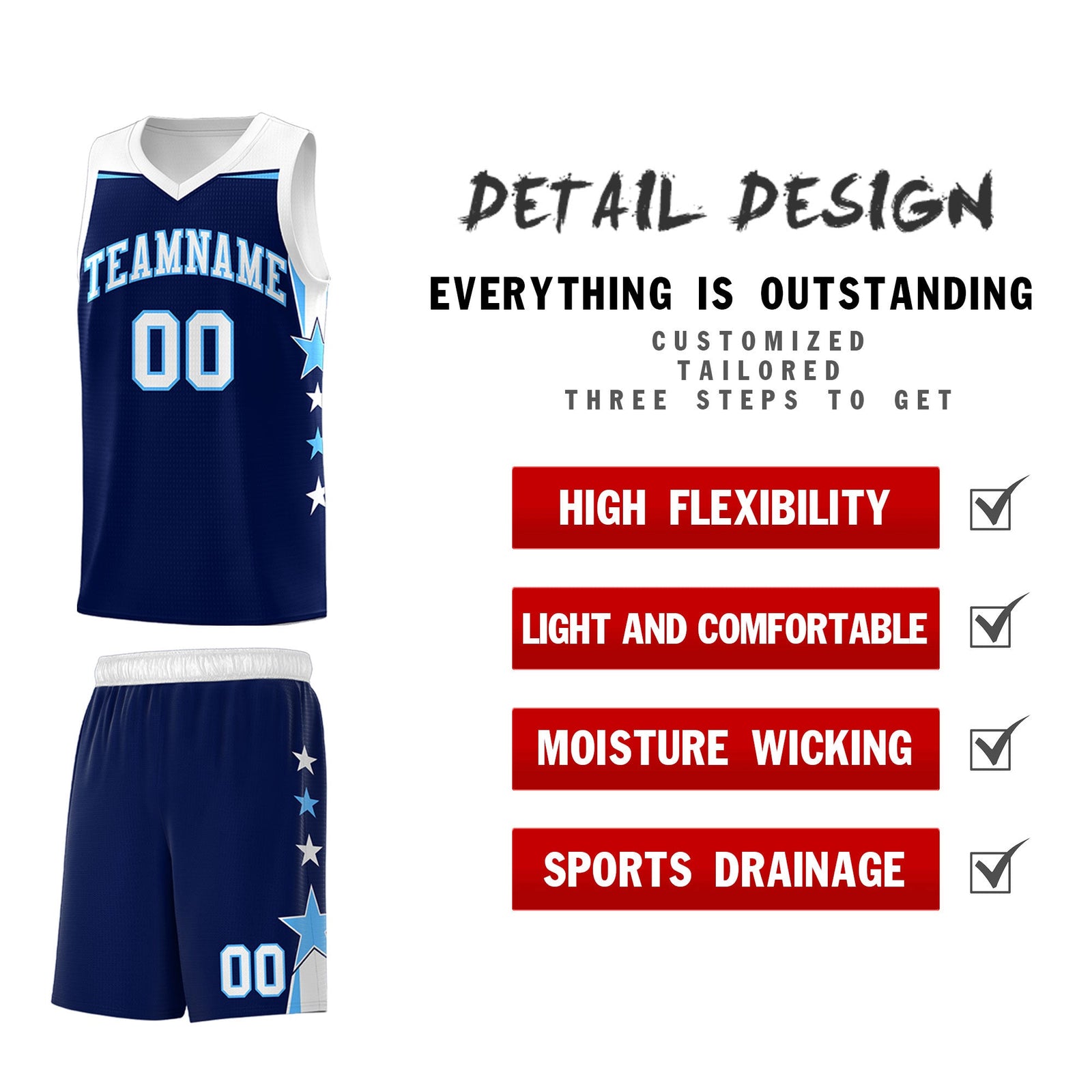 Custom Youth Basketball Uniform Navy White Two Tone Side Star Personalized Team Jersey