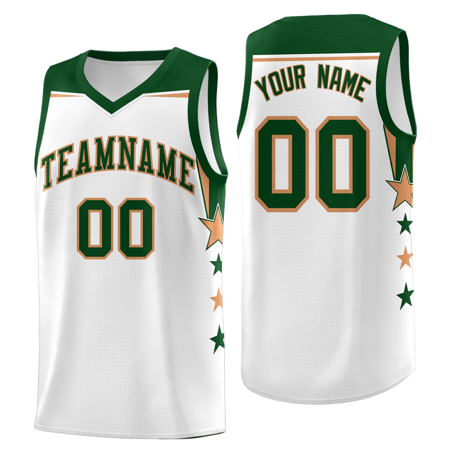 Custom Youth Basketball Uniform White Green Two Tone Side Star Add Name Number & Logo