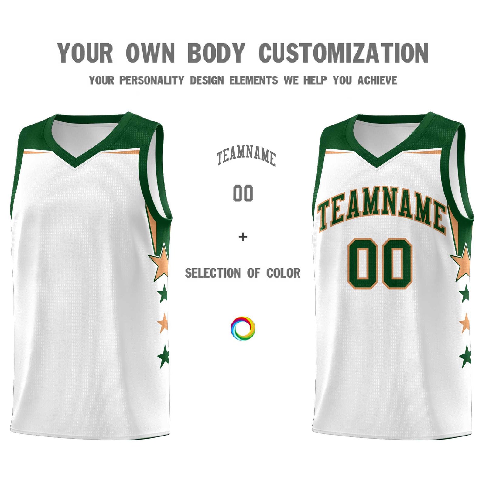 Custom Youth Basketball Uniform White Green Two Tone Side Star Add Name Number & Logo