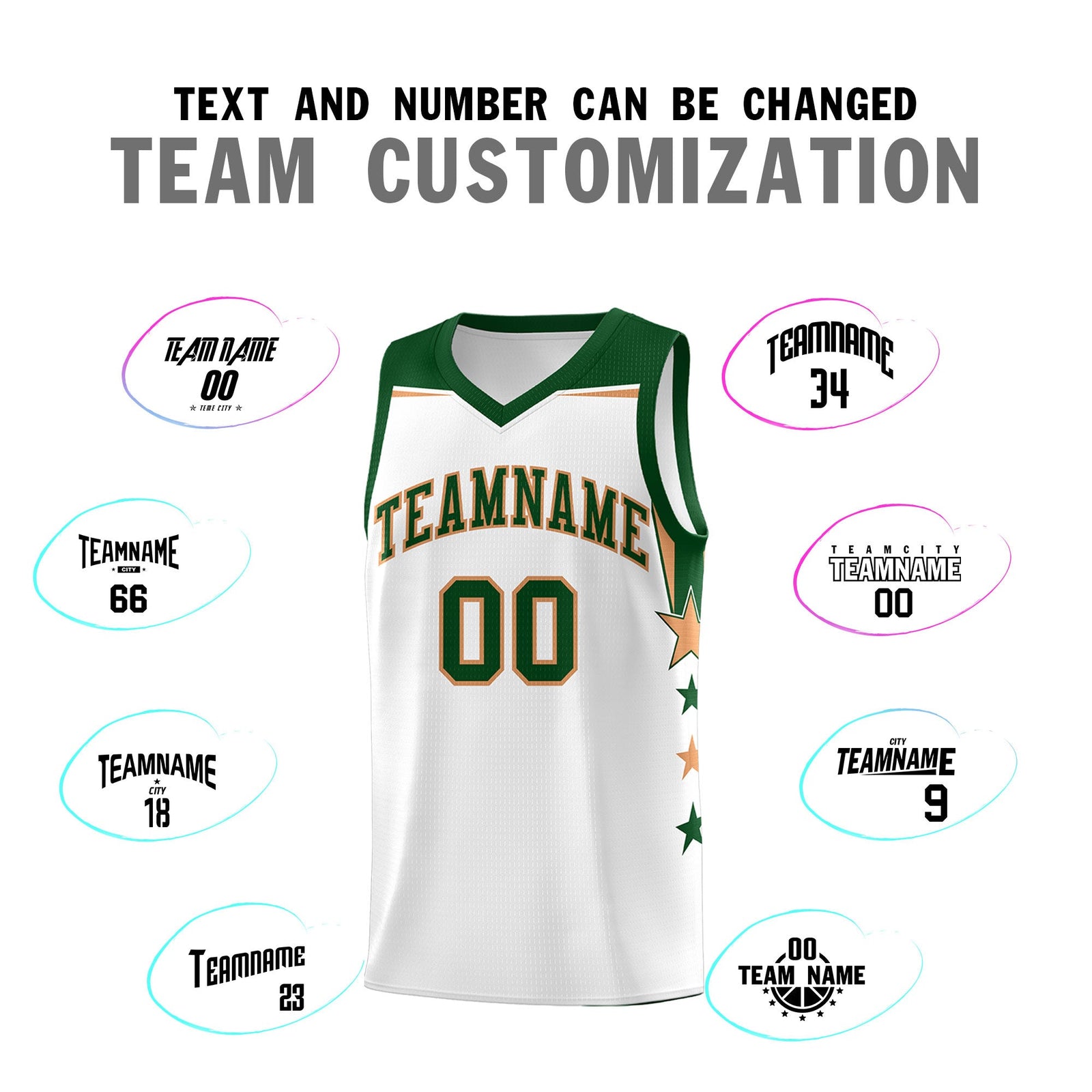 Custom Youth Basketball Uniform White Green Two Tone Side Star Add Name Number & Logo