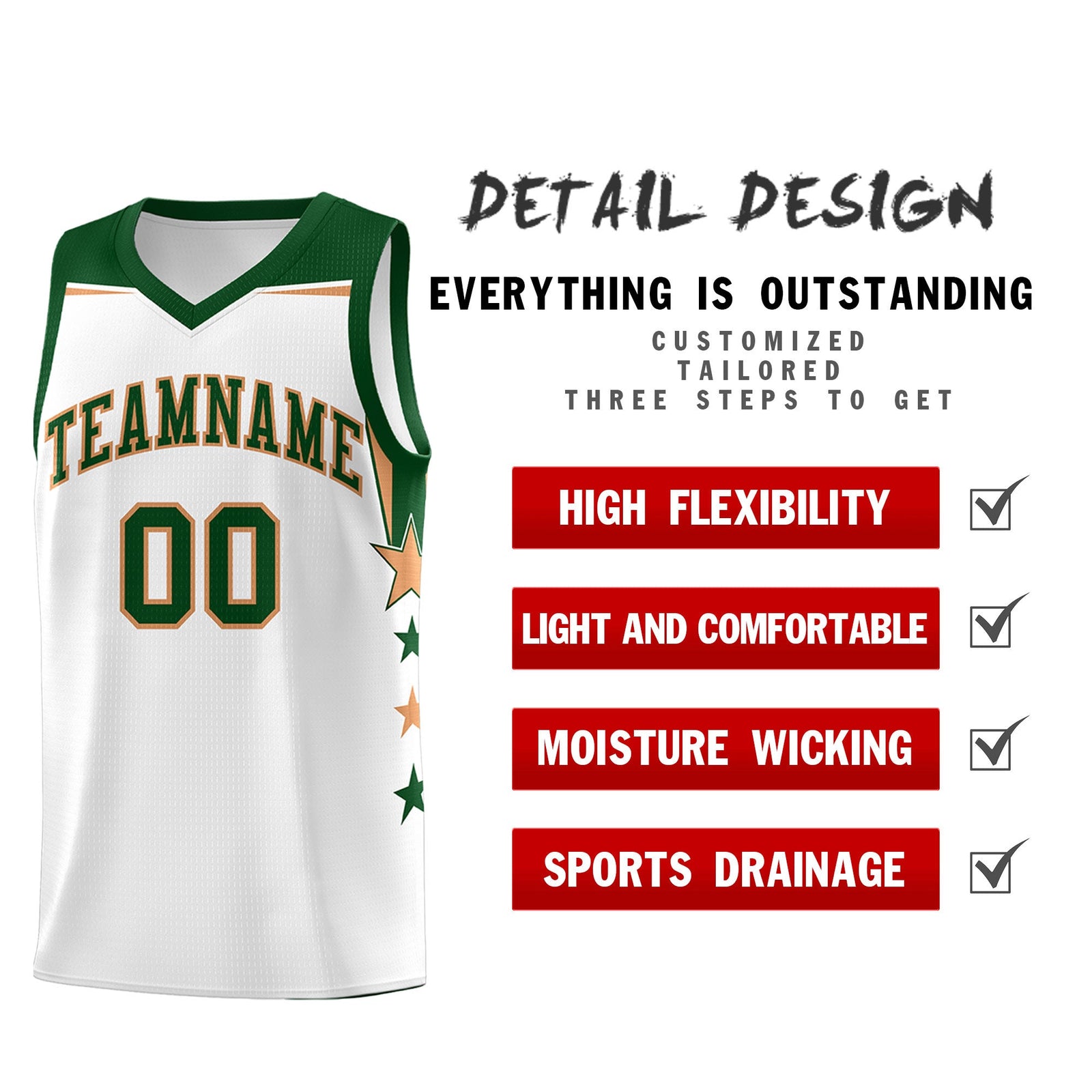 Custom Youth Basketball Uniform White Green Two Tone Side Star Add Name Number & Logo