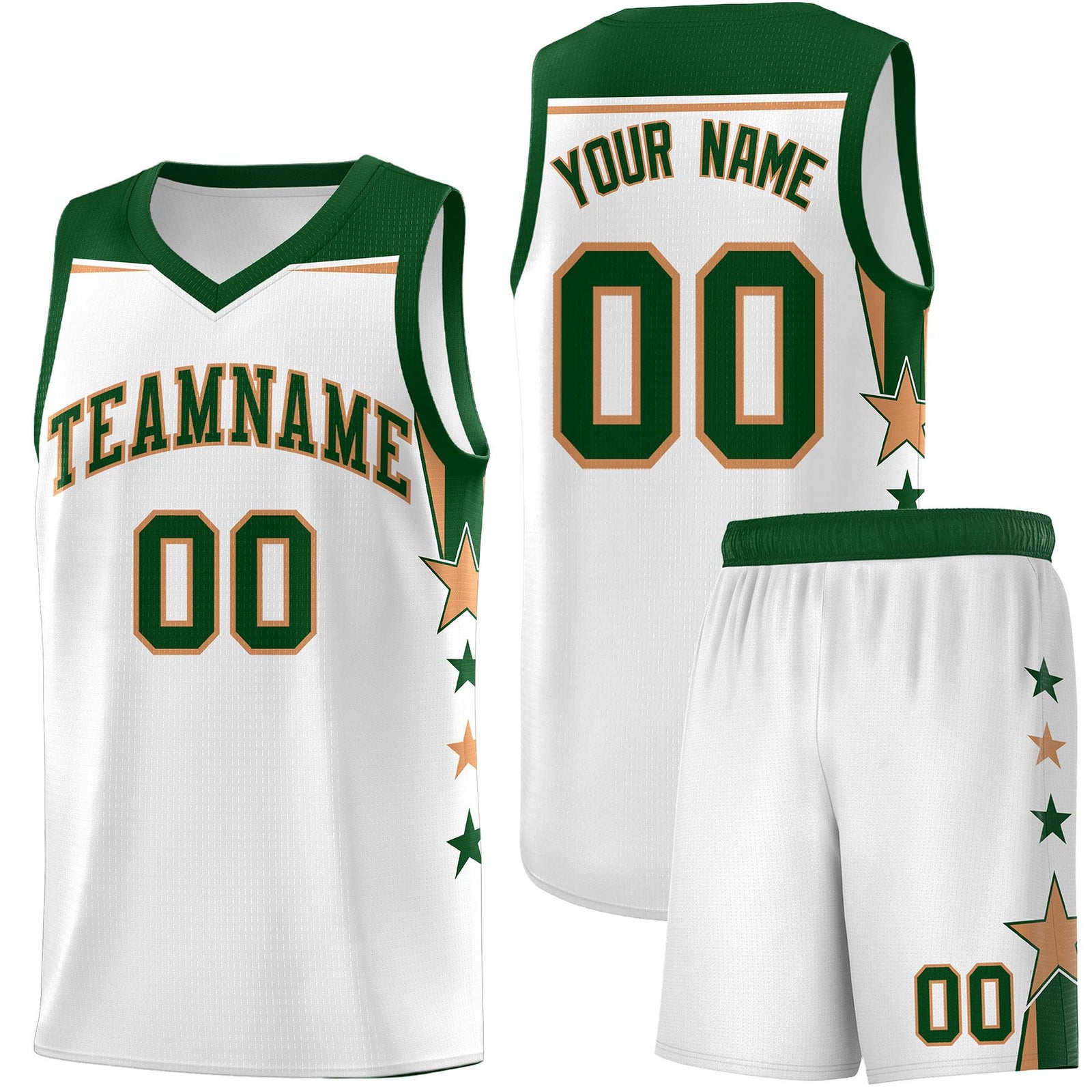 Custom Youth Basketball Uniform White Green Two Tone Side Star Add Name Number & Logo