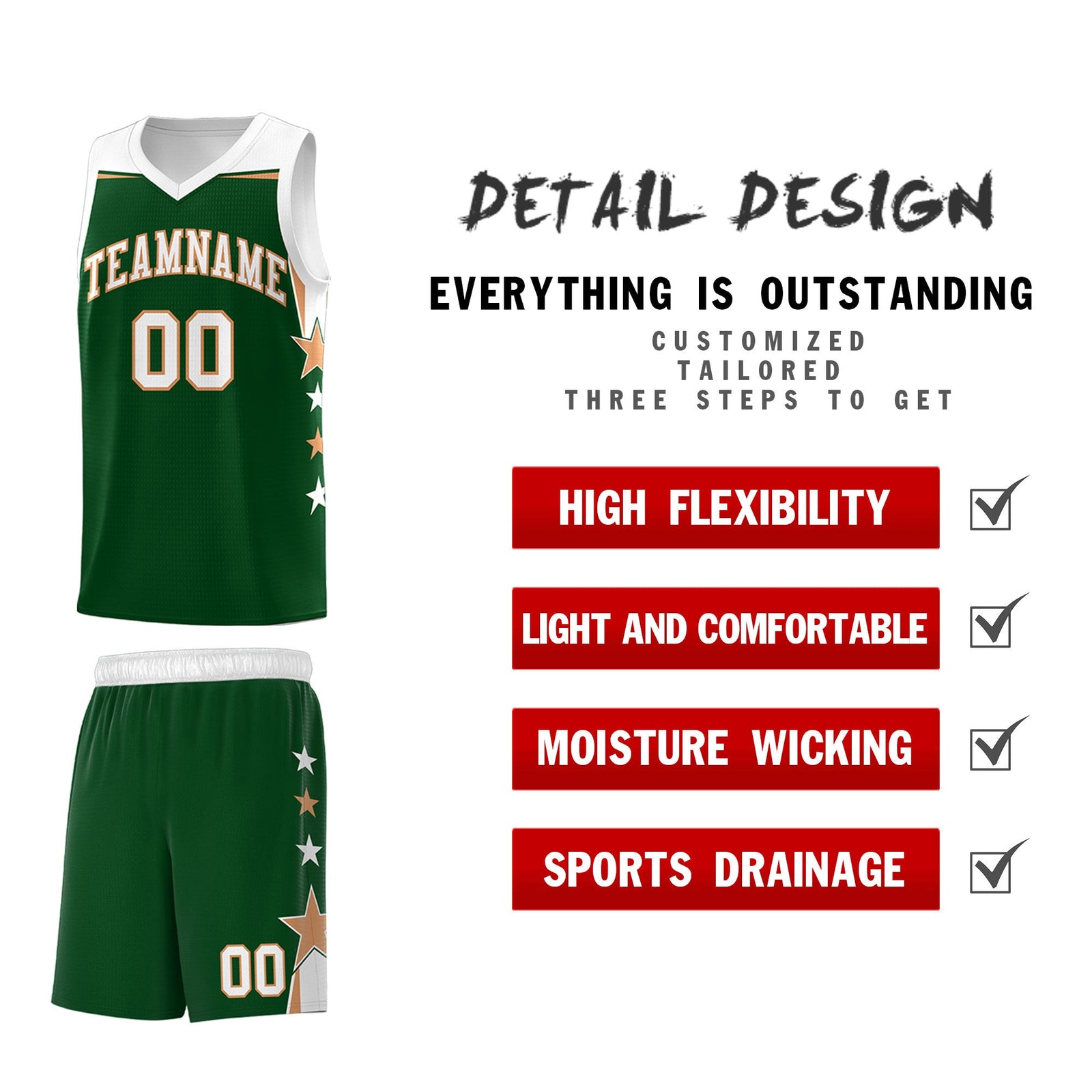 Custom Youth Basketball Uniform Green White Two Tone Side Star Personalized Team Jersey
