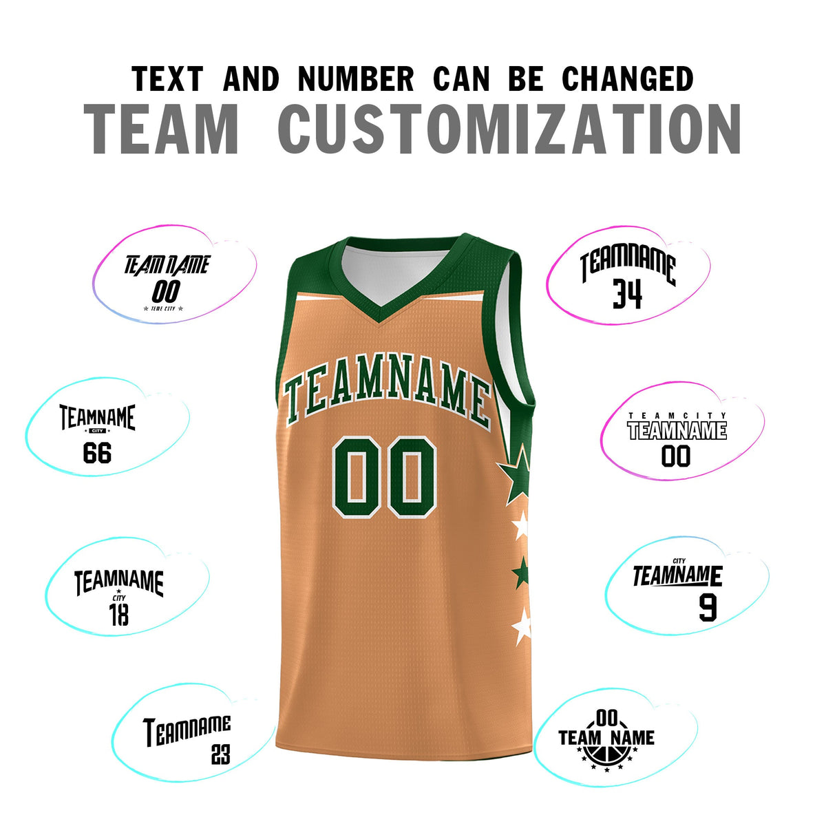 Custom Youth Basketball Uniform Buckskin Brown Green Two Tone Side Star Color Block Team Jersey