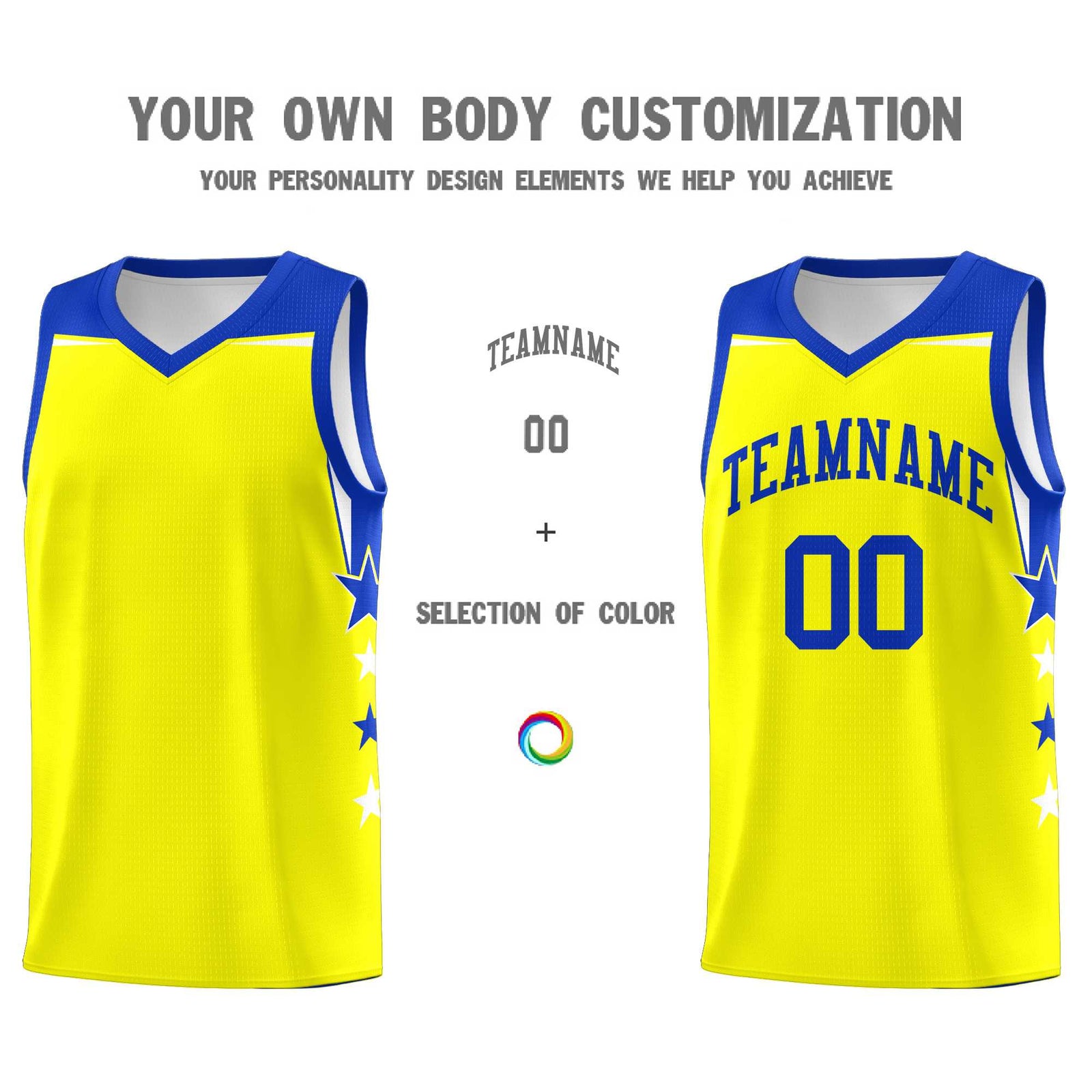 Custom Youth Basketball Uniform Fluorescent Yellow Royal Two Tone Side Star Color Block Team Jersey
