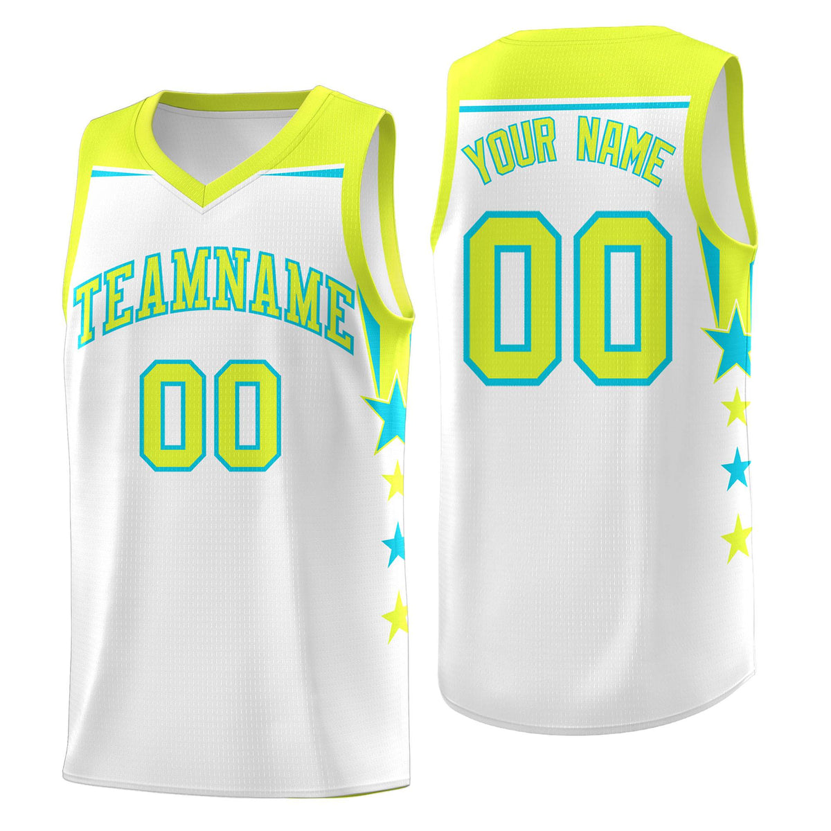 Custom Youth Basketball Uniform White Fluorescent Green Two Tone Side Star Add Name Number &amp; Logo