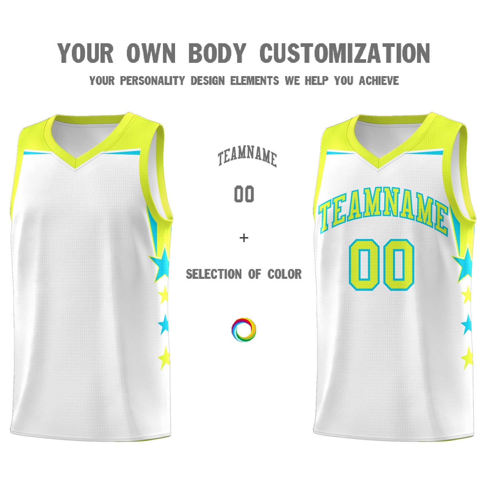 Custom Youth Basketball Uniform White Fluorescent Green Two Tone Side Star Add Name Number & Logo