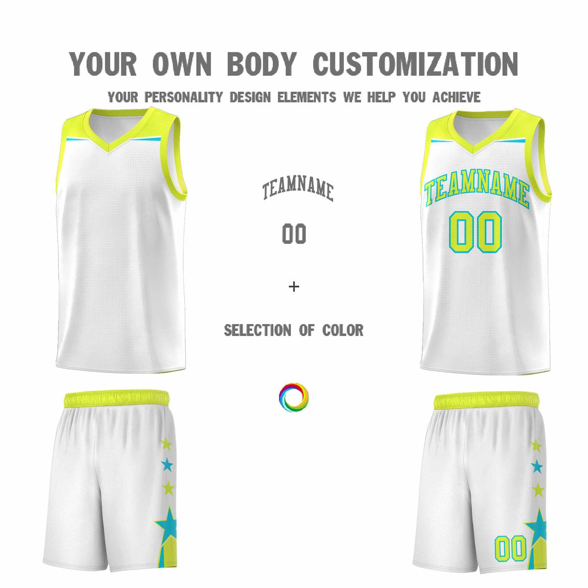 Custom Youth Basketball Uniform White Fluorescent Green Two Tone Side Star Add Name Number &amp; Logo