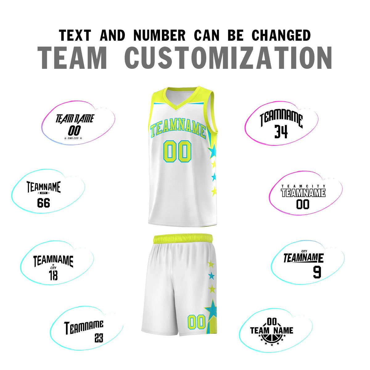 Custom Youth Basketball Uniform White Fluorescent Green Two Tone Side Star Add Name Number &amp; Logo