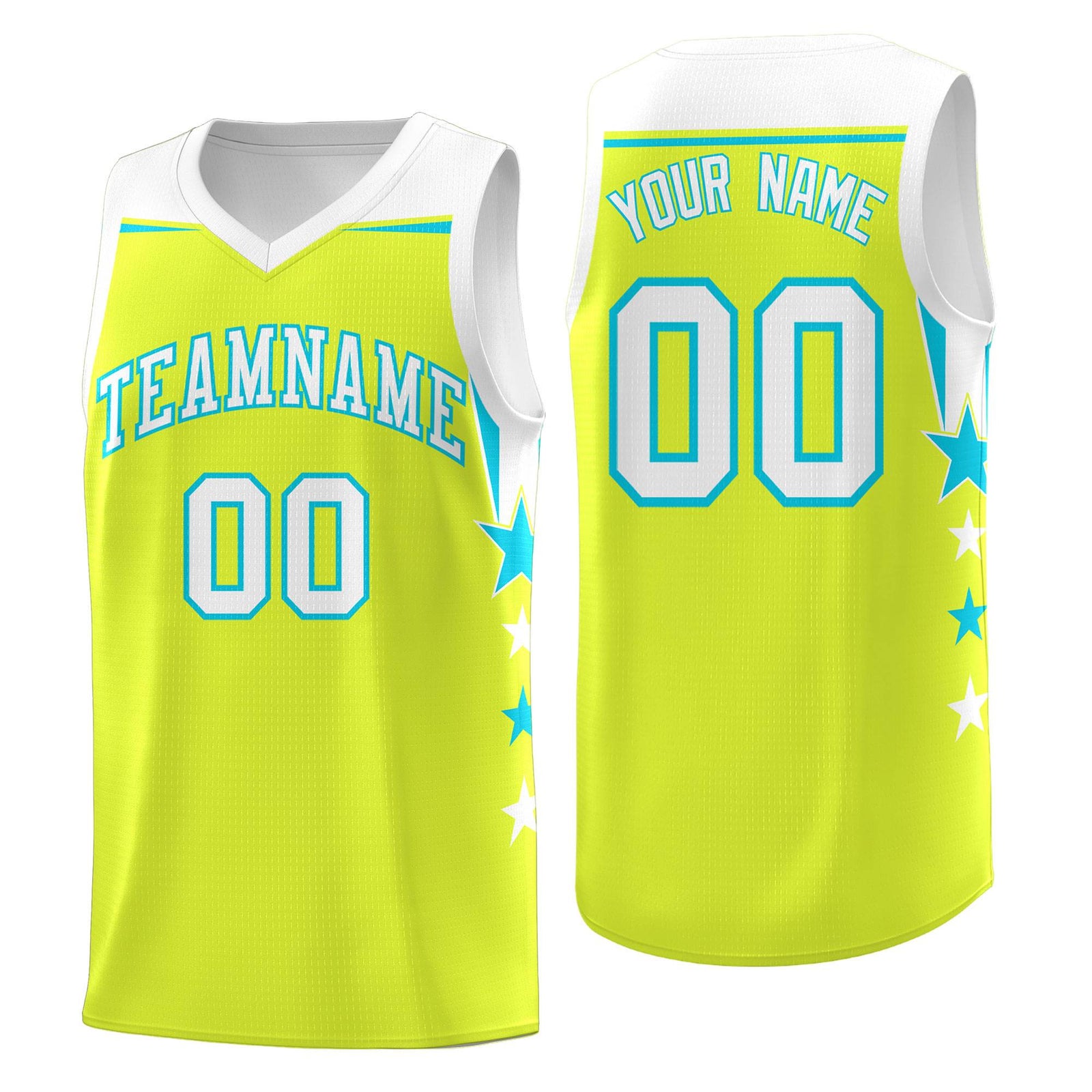 Custom Youth Basketball Uniform Fluorescent Green White Two Tone Side Star Personalized Team Jersey