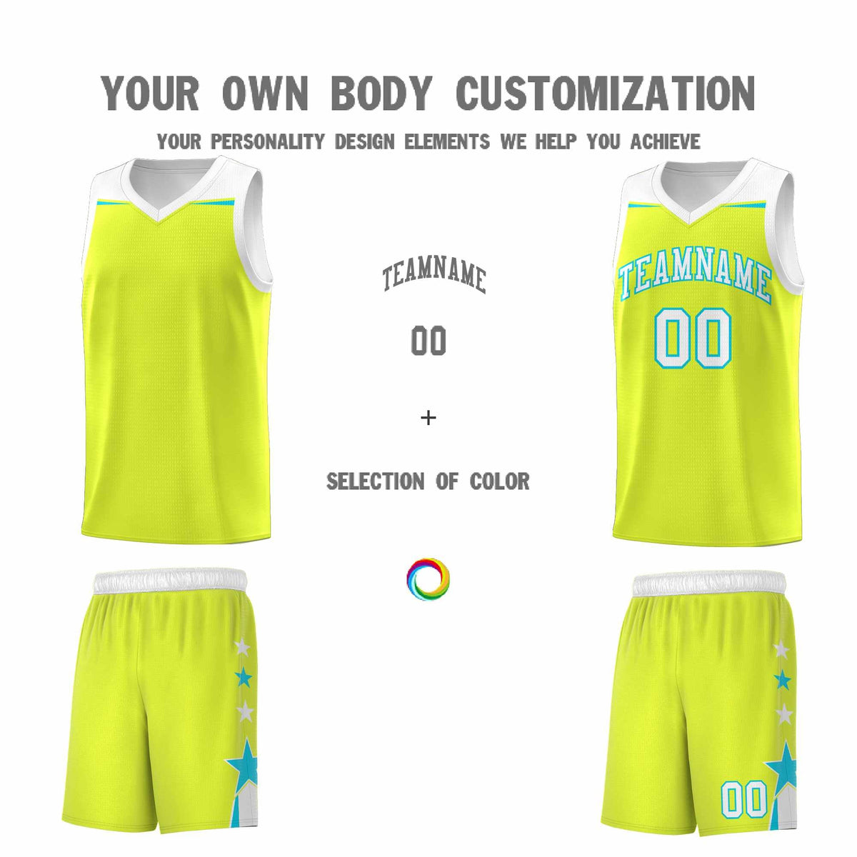 Custom Youth Basketball Uniform Fluorescent Green White Two Tone Side Star Personalized Team Jersey