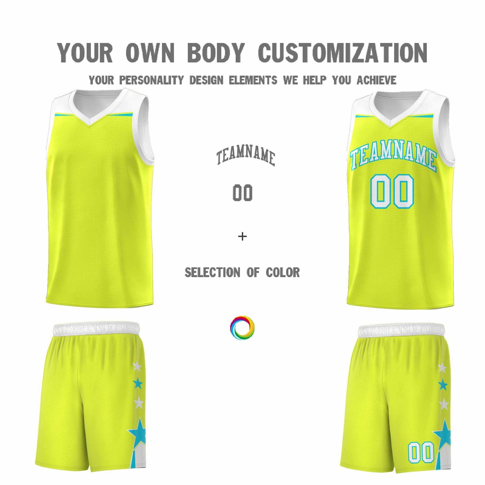 Custom Youth Basketball Uniform Fluorescent Green White Two Tone Side Star Personalized Team Jersey