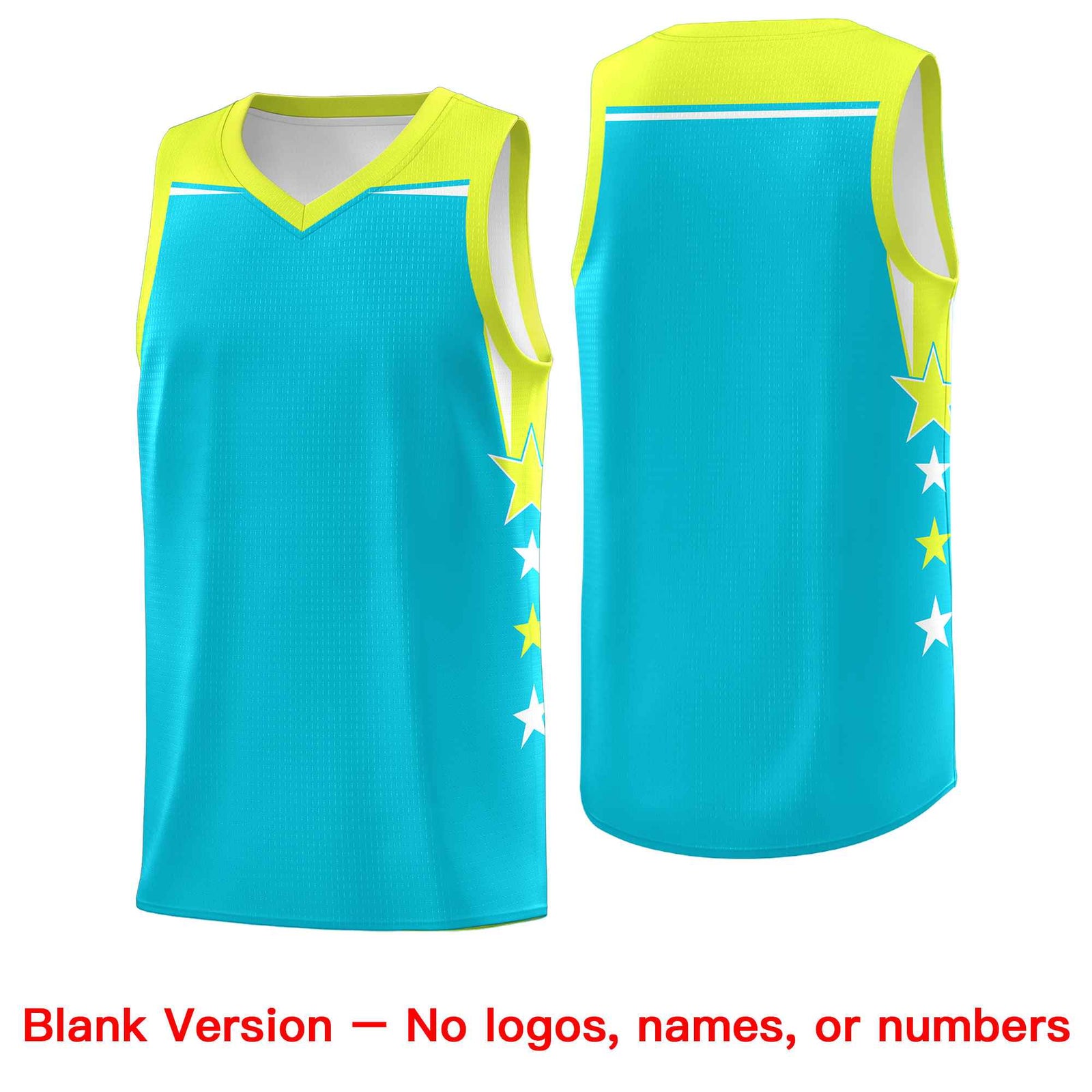 Custom Youth Basketball Uniform Sky Blue Fluorescent Green Two Tone Side Star Color Block Team Jersey