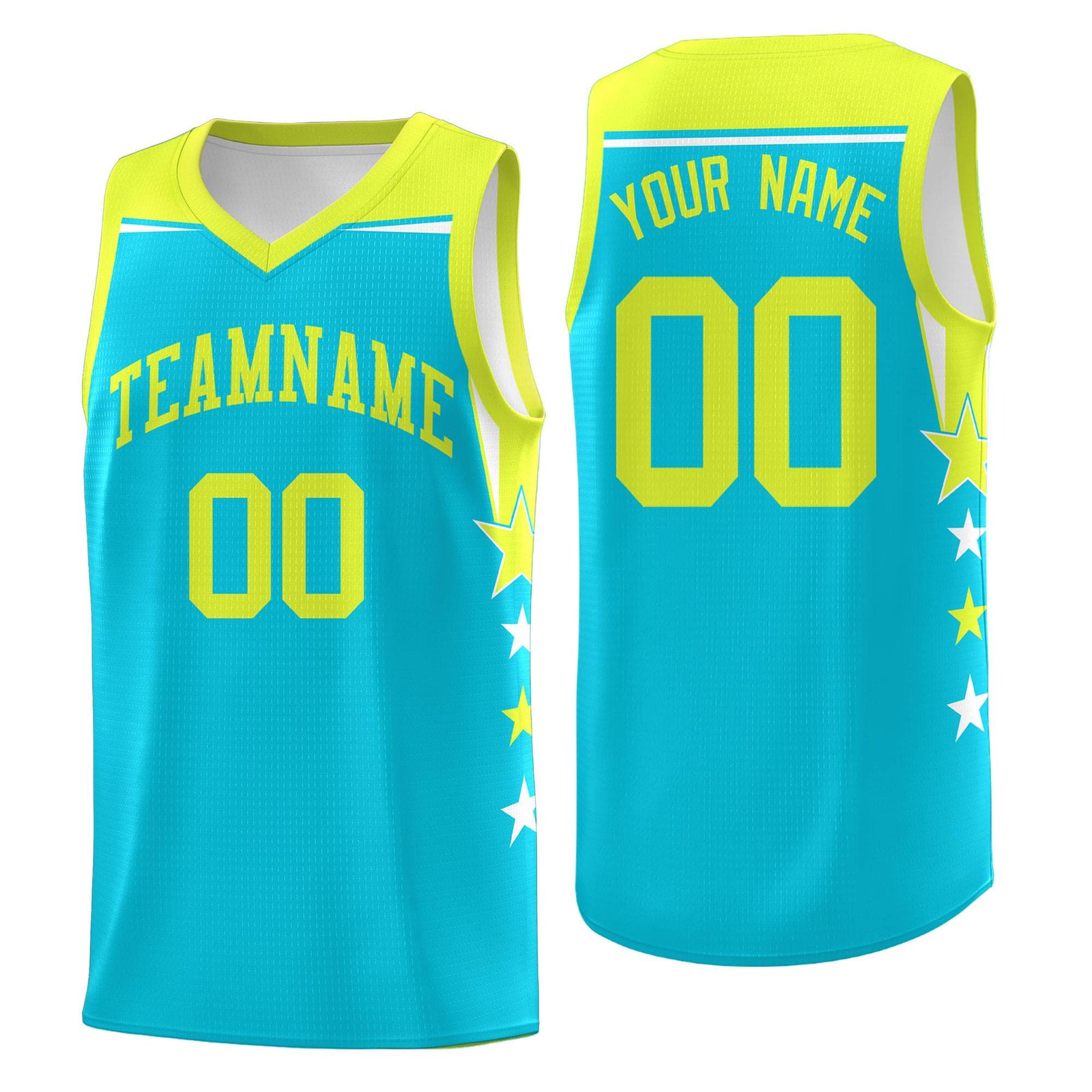 Custom Youth Basketball Uniform Sky Blue Fluorescent Green Two Tone Side Star Color Block Team Jersey