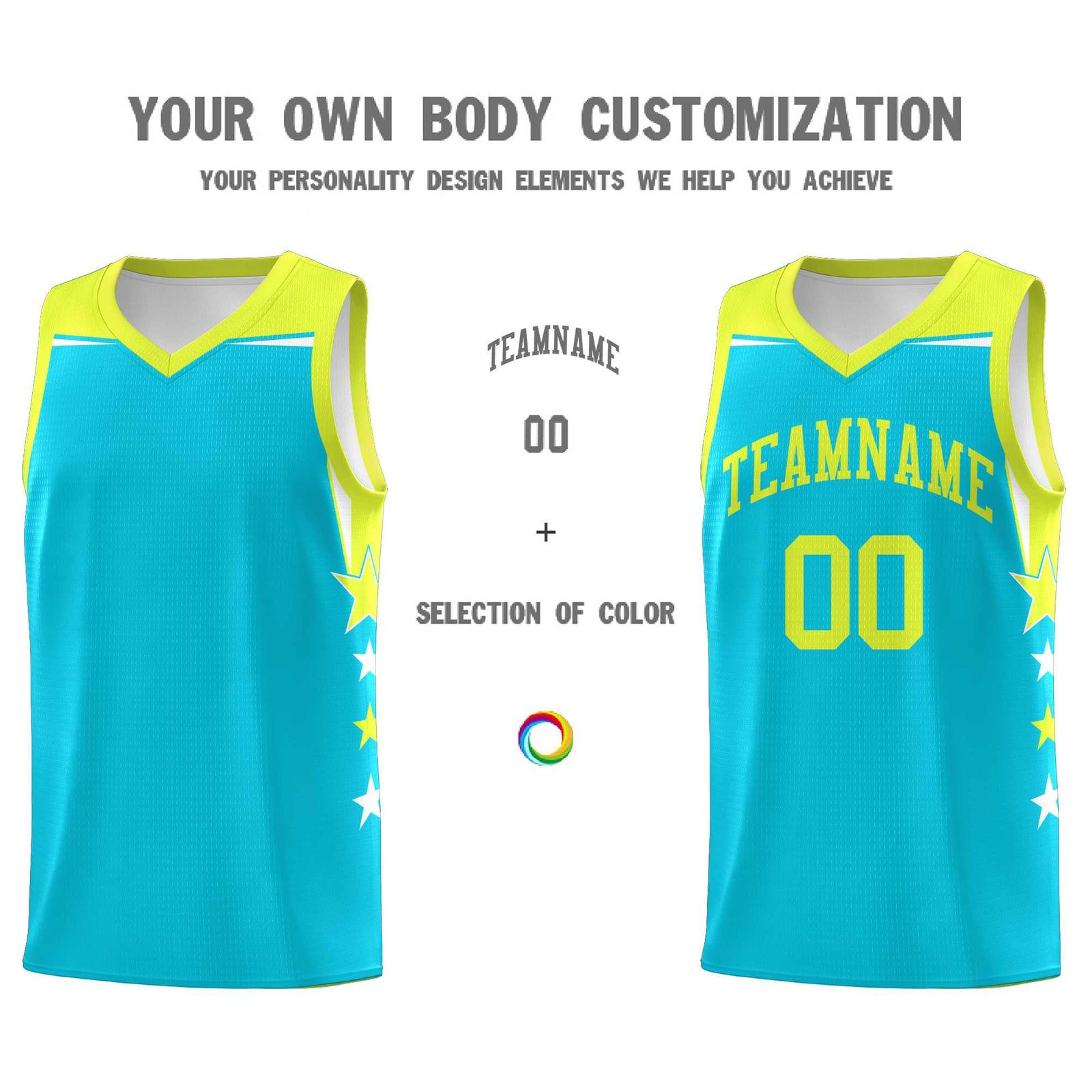 Custom Youth Basketball Uniform Sky Blue Fluorescent Green Two Tone Side Star Color Block Team Jersey