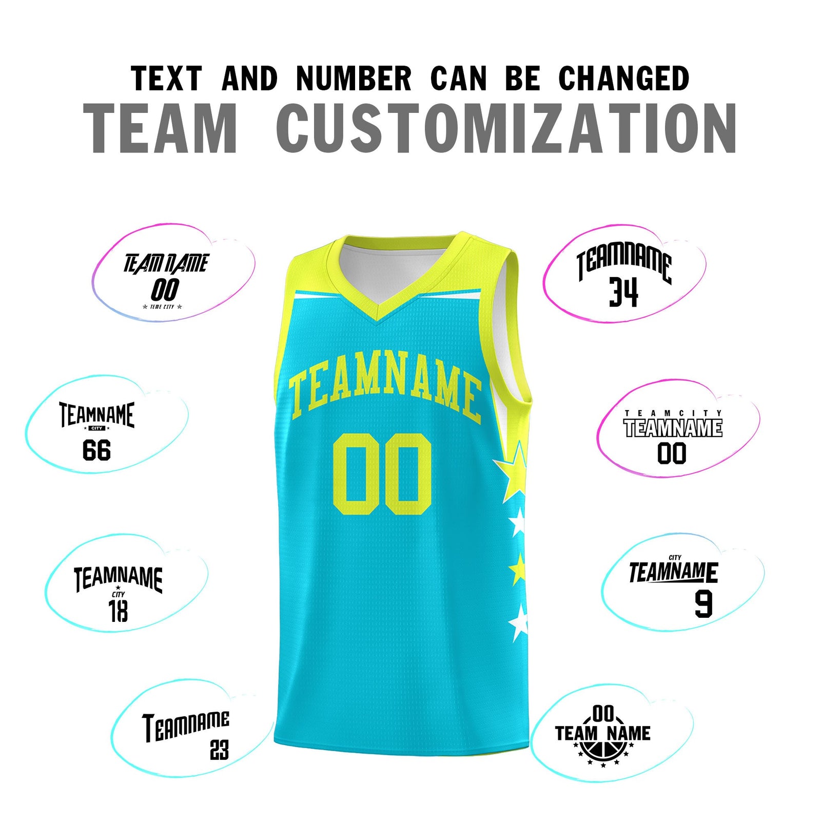 Custom Youth Basketball Uniform Sky Blue Fluorescent Green Two Tone Side Star Color Block Team Jersey
