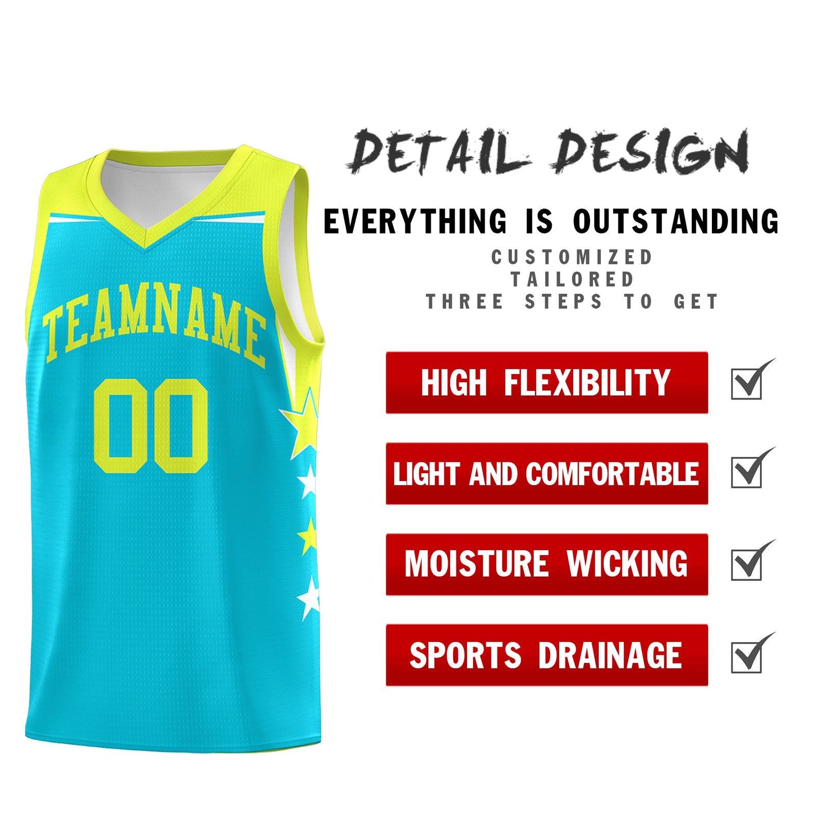 Custom Youth Basketball Uniform Sky Blue Fluorescent Green Two Tone Side Star Color Block Team Jersey