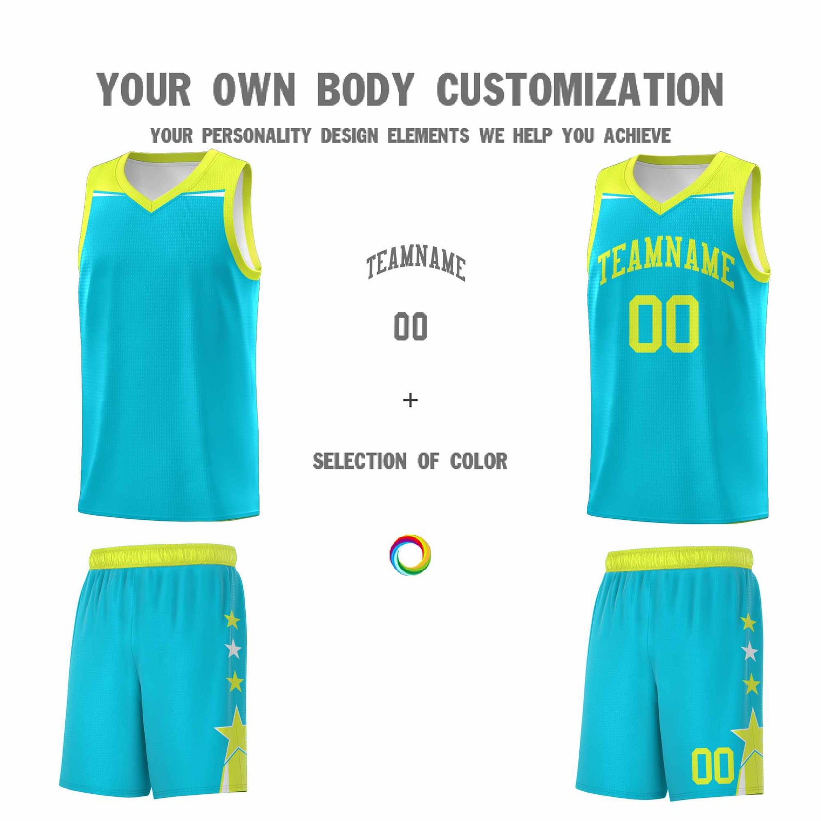 Custom Youth Basketball Uniform Sky Blue Fluorescent Green Two Tone Side Star Color Block Team Jersey