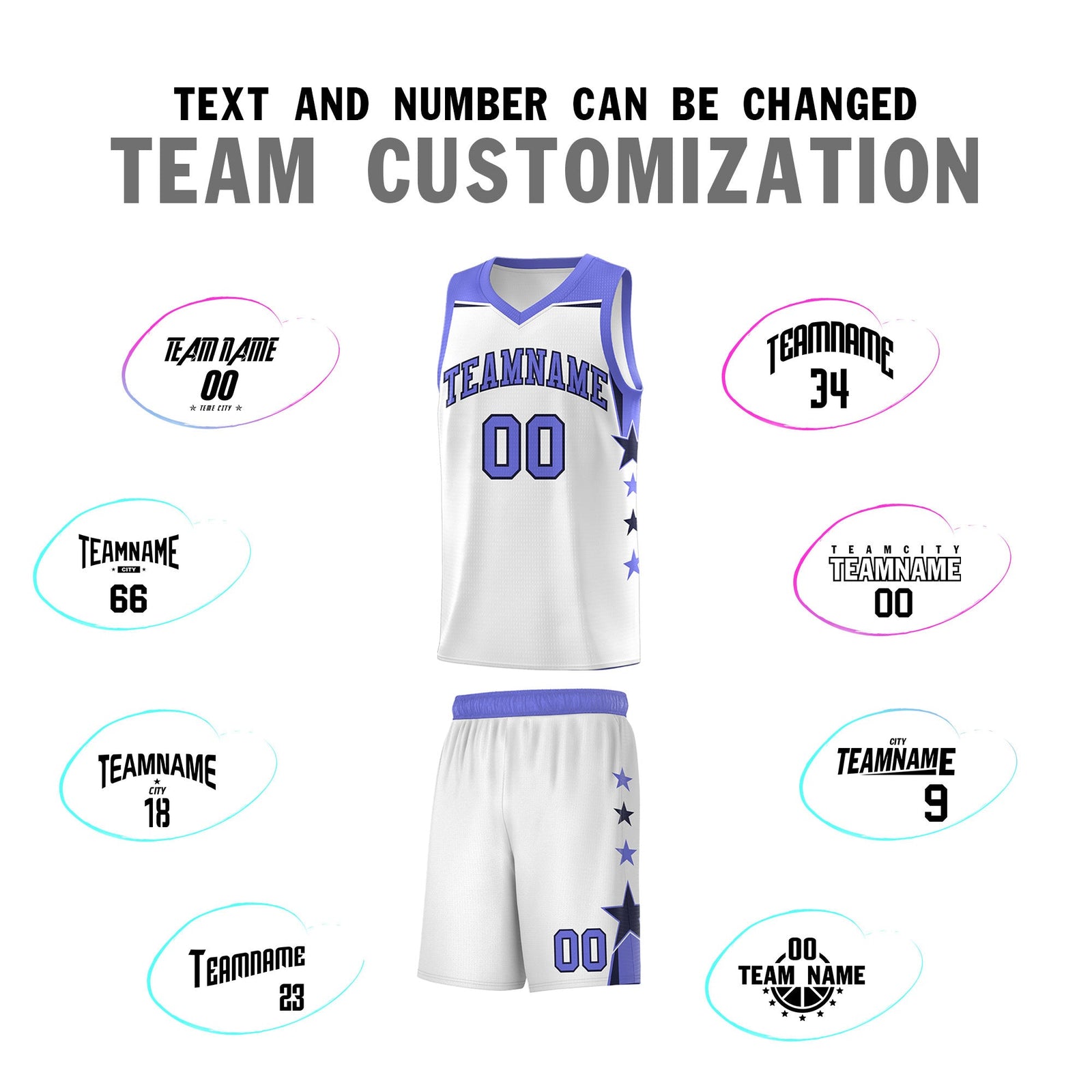 Custom Youth Basketball Uniform White Purple Two Tone Side Star Add Name Number & Logo