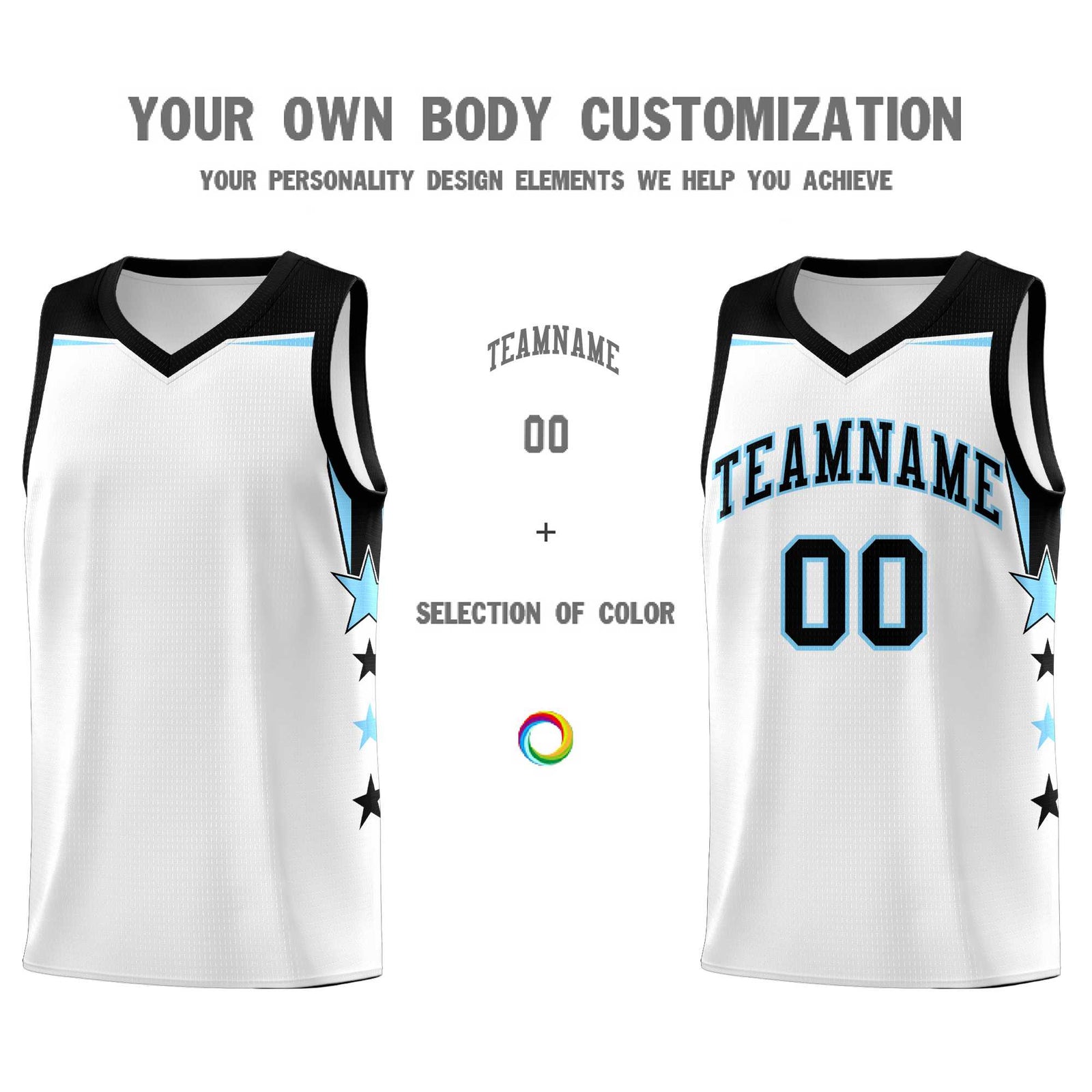 Custom Youth Basketball Uniform White Light Blue Two Tone Side Star Add Name Number & Logo