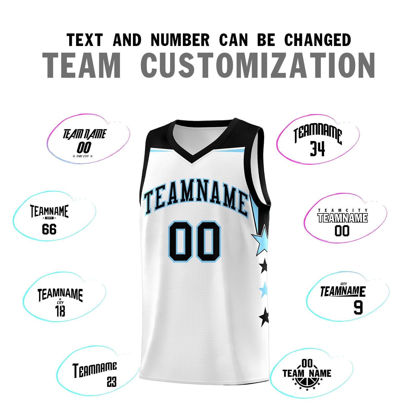 Custom Youth Basketball Uniform White Light Blue Two Tone Side Star Add Name Number & Logo