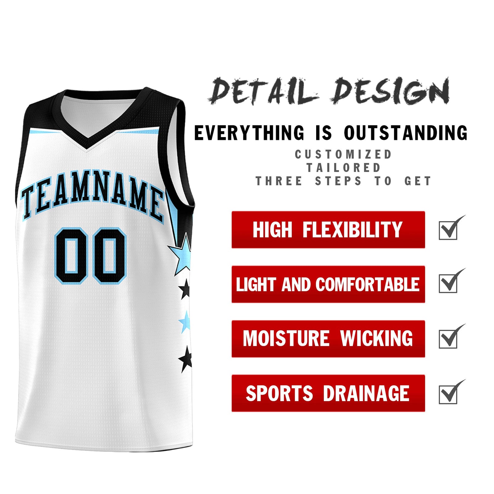 Custom Youth Basketball Uniform White Light Blue Two Tone Side Star Add Name Number & Logo