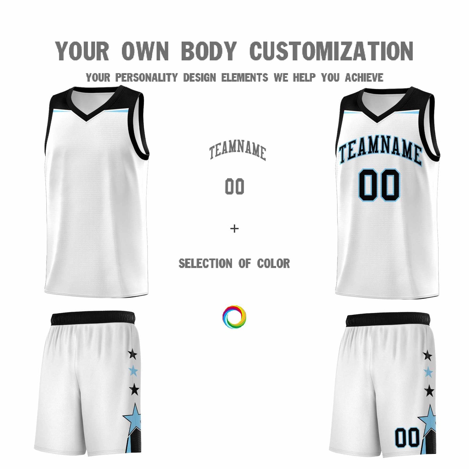 Custom Youth Basketball Uniform White Light Blue Two Tone Side Star Add Name Number & Logo