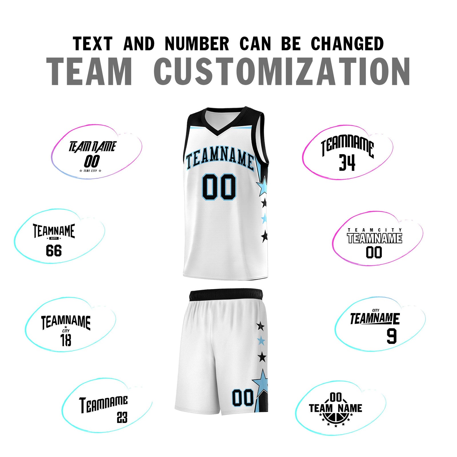 Custom Youth Basketball Uniform White Light Blue Two Tone Side Star Add Name Number & Logo