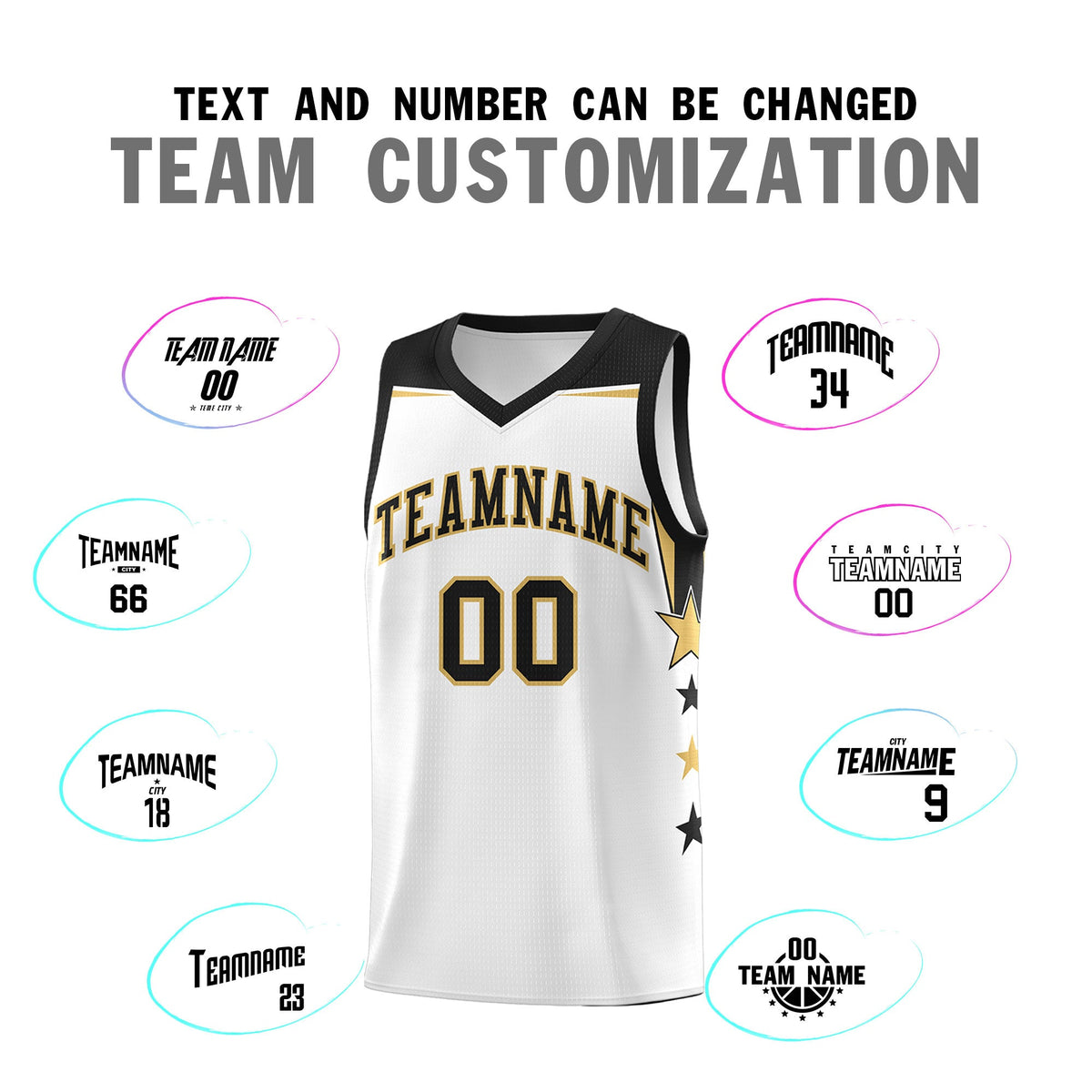 Custom Youth Basketball Uniform White Black Two Tone Side Star Add Name Number &amp; Logo