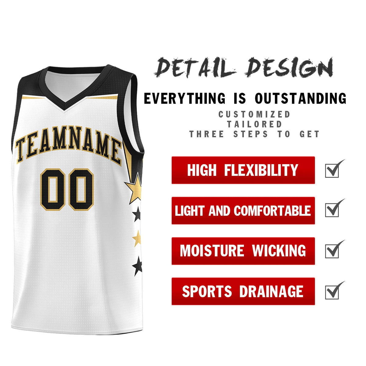 Custom Youth Basketball Uniform White Black Two Tone Side Star Add Name Number &amp; Logo